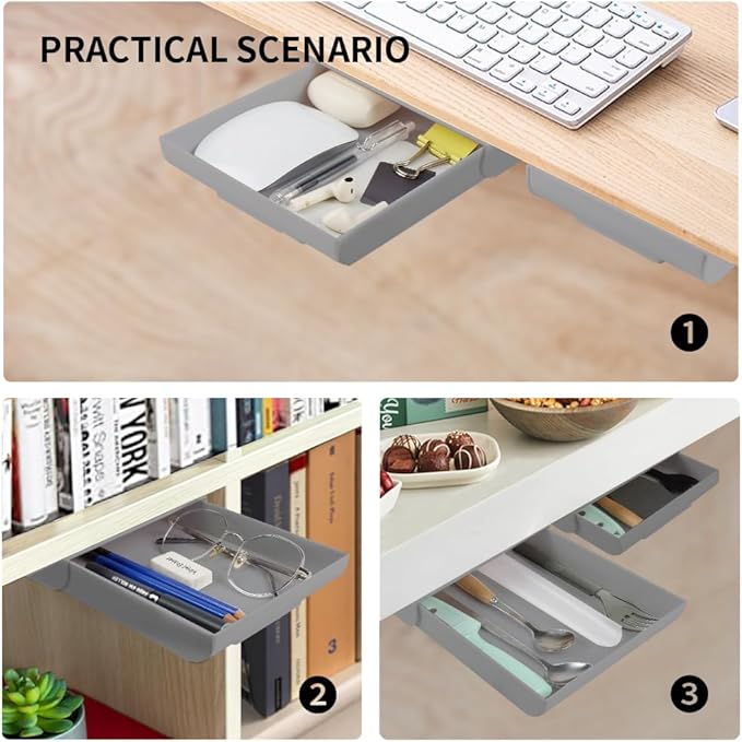 YOOUSOO 2 Pack Under Desk Pencil Organizer Set, Hidden Adhesive Desk Drawer Attachment with Pen Holder And Tray Storage, Modern Workspace Organizers for Home Office And School