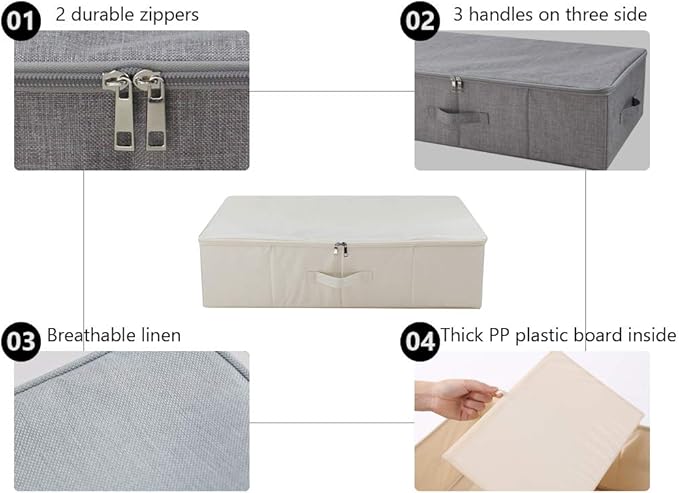 iwill CREATE PRO Folding Under Bed Shoes Storage Organiser Bins with Lid, Underbed Clothes Organizer Basket, Garment Storage Boxes, Beige