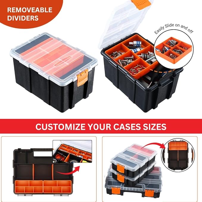 Andalus Tools Organizer Box, Small Parts Storage Multi-Compartment Portable Hardware Organizer Removable Plastic Dividers for Screws, Nuts, Bolts, Nails – Orange (4 Set, 12.2" x 9.1" x 7")