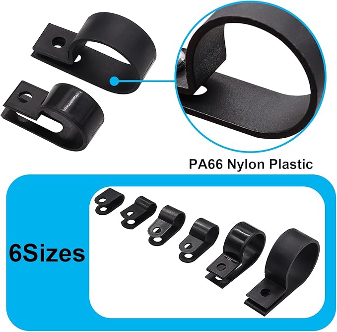 TWTADE 306PCS Black Cable Clamps Nylon Plastic R-Type 6 Sizes 3/16'' 1/4'' 3/8'' 1/2'' 3/4'' 1'' Cable Mounting Wire Clips Assortment Kit with Screws for Wire Management H-049