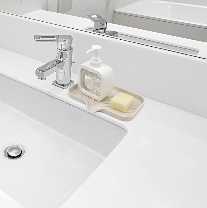 YASMEN Silicone Bathroom Soap Dishes, Sink Sponge Holder for Kitchen, Rubber Soap Dish with Drain, Shower Soap Sponge Tray, Sink or Counter Organizer, for Bar Soap, Bottle, Dish Soap Dispenser-Tapioca