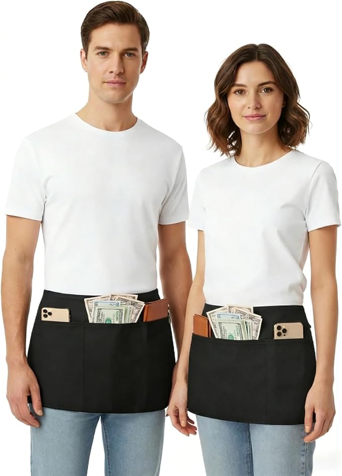 BOHARERS 6 Pack Server Apron with 3 Pockets Black Waitress Aprons Half Waiter Bistro Apron Waist Aprons Waterproof