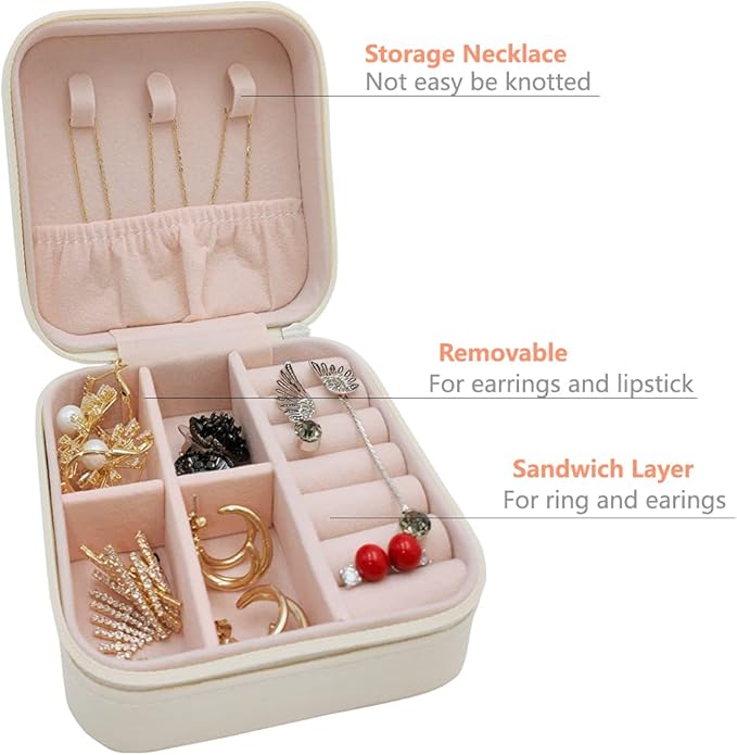 Mini Jewelry Travel Case, Small Portable Jewellry Organizer Box Portable Display Storage Box for Rings Earrings Necklaces, Gifts for Girl, Women, Wedding, Birthday,New Year,Christmas Gifts(White)