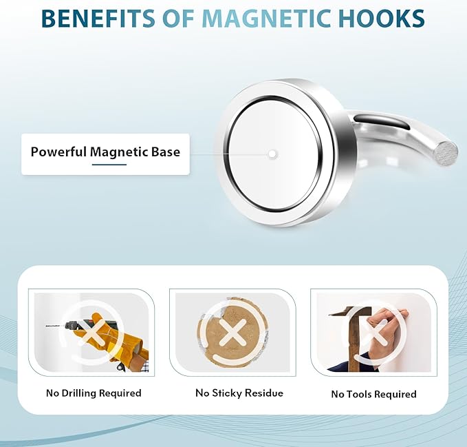 Neosmuk Magnetic Hooks, Heavy Duty 30lb+ Strong Magnet Hook for Cruise Cabins, Cruise Ship Essentials for Hanging, Metal Wall Refrigerator Hangers (Silver White, 15 Pack)