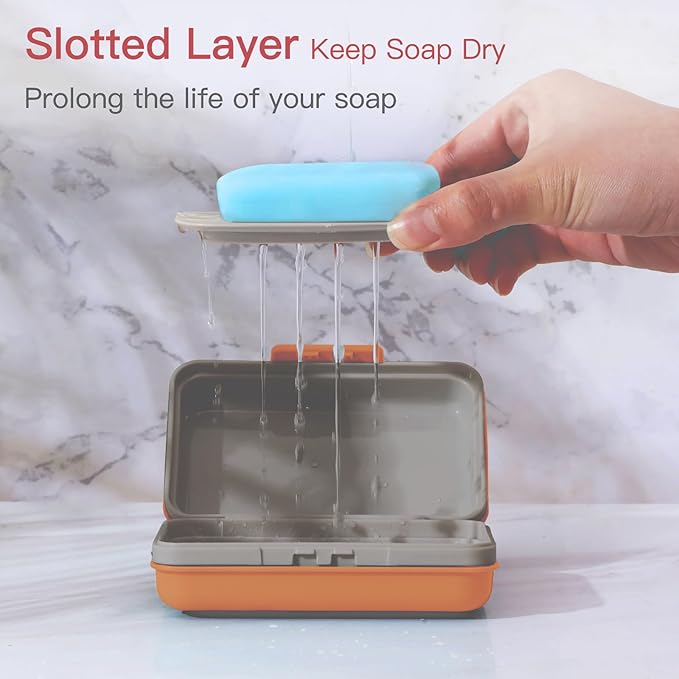Quatish Bar Soap Holder Dish 1 Pack for Shower, Travel Soap Case with Lid for Gym, Camping Essentials, Hiking, Travel Size Toiletries, Portable, Leakproof, Orange