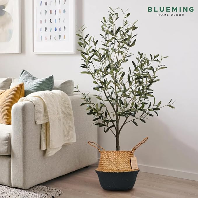 Blueming Home Wicker Plant Basket – Medium Seagrass Planter Pot for Faux Olive Trees or Houseplants, Decorative Woven Black Bottom Wicker Planter for Living Room, Shelf, or Entryway