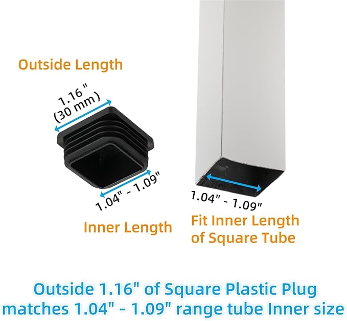 1-3/16" Square Tube End Cap Plastic Plugs Chair End Caps 1.16 Inch (30mm), 1.16" X 1.16" Tubing Plugs Furniture Sliders Glides Black (Fit 1.04-1.09" Square Tube Inner Size, 24pack)