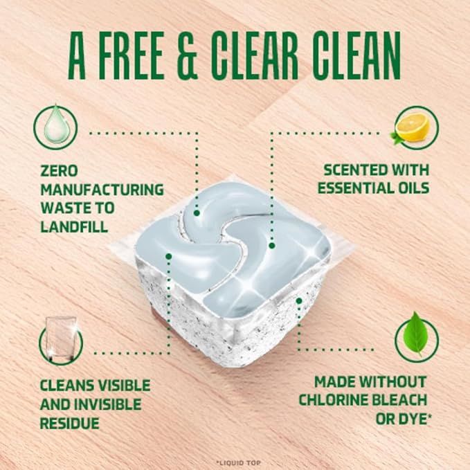 Cascade Free & Clear Dishwasher Pods, Dishwasher Detergent, Dish Detergent Soap, Lemon Essence, 19 Count