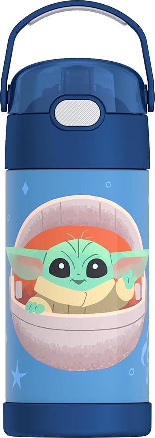 THERMOS FUNTAINER Water Bottle with Straw - 12 Ounce - Kids Stainless Steel Vacuum Insulated Water Bottle with Lid, Mandalorian The Child