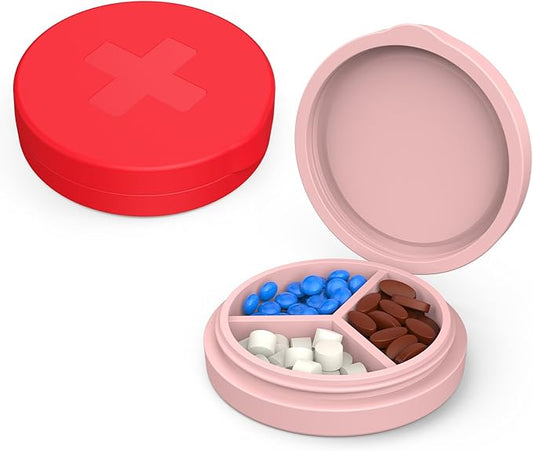 2 Pack Small Pill Box,3 Compartment Round Silicone Travel Pill Box for Purse Pocket, Waterproof Portable Compact Medicine Holder for Vitamin, Cod Liver Oil, Supplement (Red+Pink)