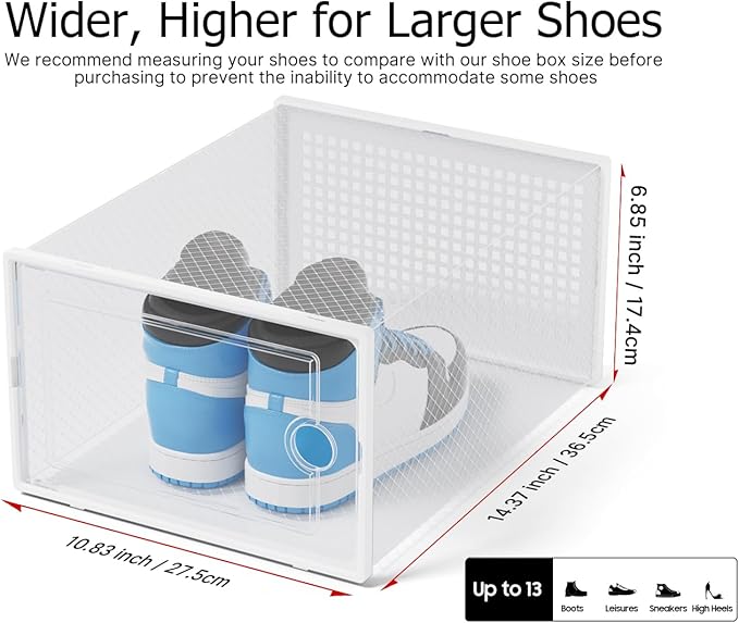 Kuject XX-Large Shoe Storage Boxes Organizers Clear Plastic Stackable 12 Pack, Shoe Rack & Holder Substitute, Sneaker Containers, Shoe Storage Organizer Bins for Closet, Under Bed, White (No Fold Line)