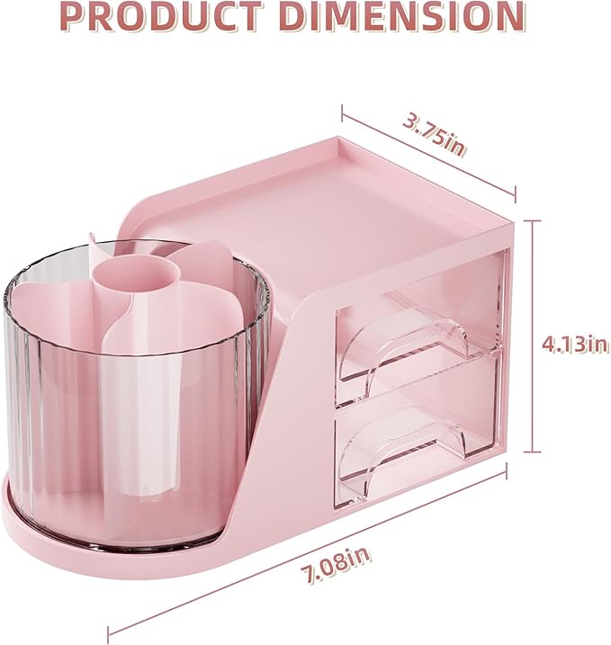 Marbrasse Desk Organizer with 2 Drawer, 360°Rotating Pen Holder, Desk Organizers and Accessories with 6 Slots Pencil Organizer + 2 Drawer, Art Supply Storage Box Caddy for Office (Pink)