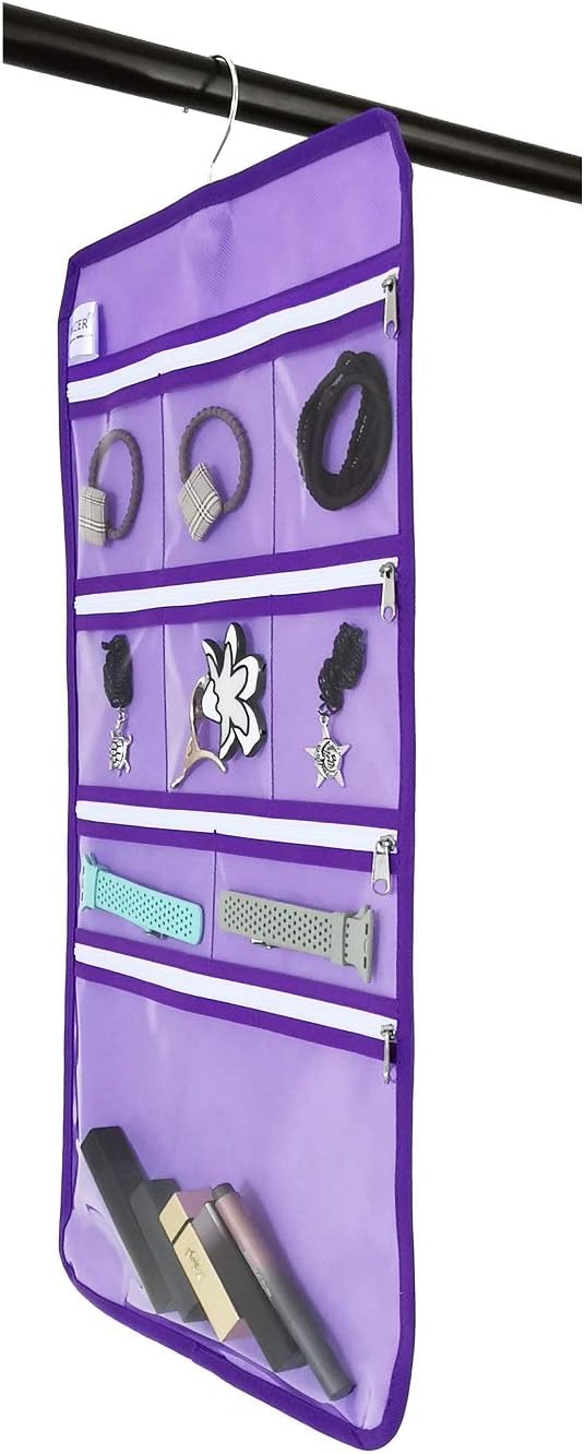 Travel Foldable Jewelry Rolls Bag Hanging Jewelry Organizer with 9 Zippered Clear Pockets Storage Pouch with Rotatable Hanger (PURPLE)