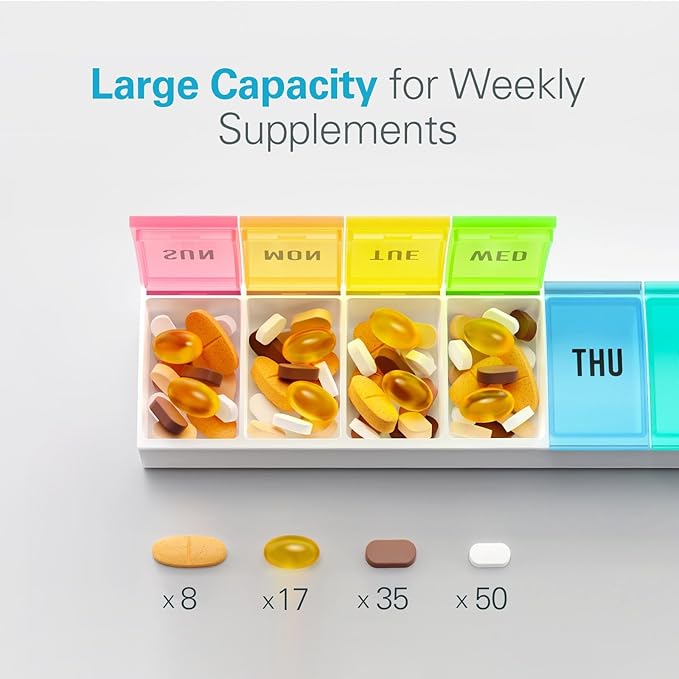 Barhon Medium Size Pill Organizer Weekly, 7 Day Medicine Pill Organizers, Daily Pills Box Case Travel for Big Vitamin Supplements Fish Oil, Multi-Colored
