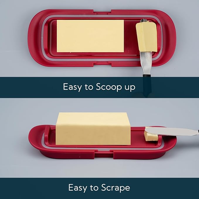 KITCHENDAO One-handed Airtight Butter Dish with Lid for Countertop and Refrigerator Door Shelf, Butter Holder with One Press to Open/Close Secure Latching Buckle for West/East Coast Butter (Red)