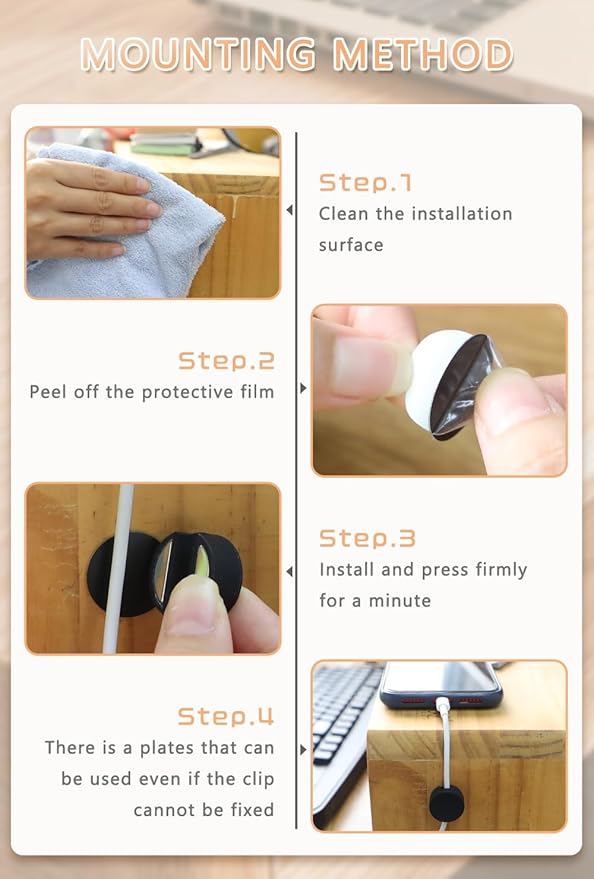 Maveek 5 Pcs Magnetic Cord Holder Cable Management, Strong Cable Clips Magnets Metal Plate, Adhesive Wire Organizers for Nightstand Desktop Wall Kitchen USB LAN (Black)