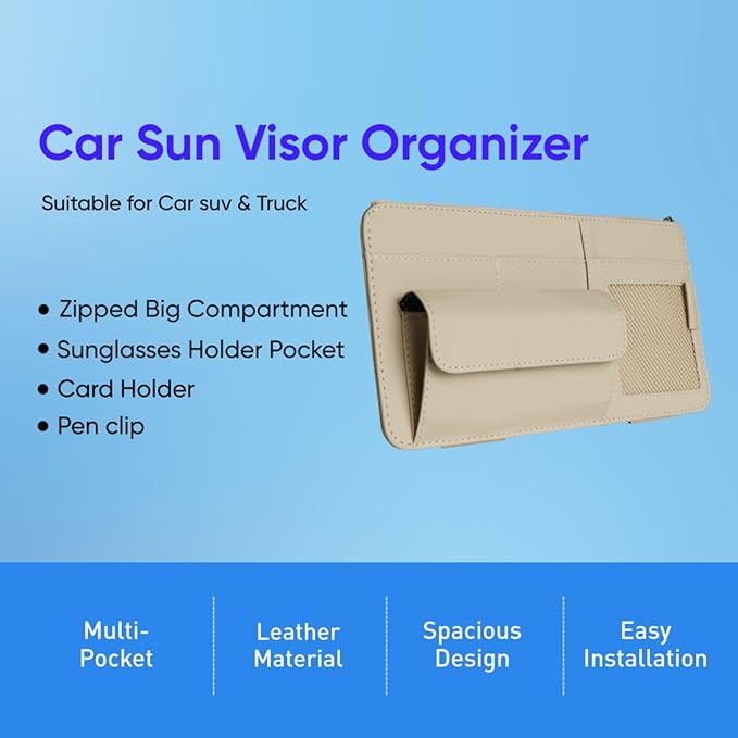 Car Visor Organizer, Multi-Pocket Sunvisor Storage with Sunglass Holder, Document Holder and Visor Card Clip, Fit for AUTO SUV & Truck, Leather Car Accessories Interior (Cream)