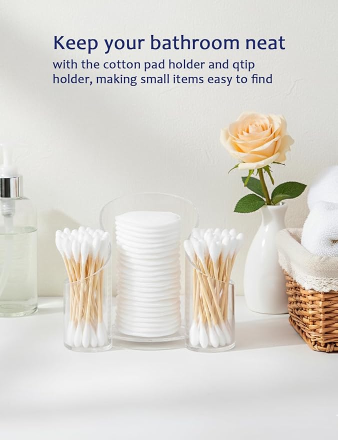 Qtip Holder & Cotton Pad Holder – Clear Open Bathroom Organizer for Vanity Accessories, Small Countertop Storage Box, Cotton Round Dispenser for Dorm & Travel