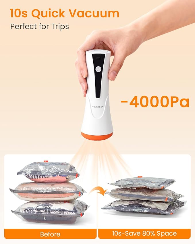 Vacuum Seal Bags for Clothing Travel with Rechargeable Cordless Pump, 9 Pack Compression Space Saver Bags for Packing, Luggage and Seasonal Storage
