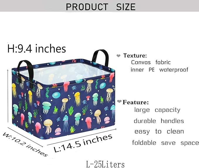 KUNRO Rectang Storage Basket Gift Shelf Basket Storage Bin, Nursery Basket Organizer Box for With Handles for Room Deco (Colorful Jellyfish)