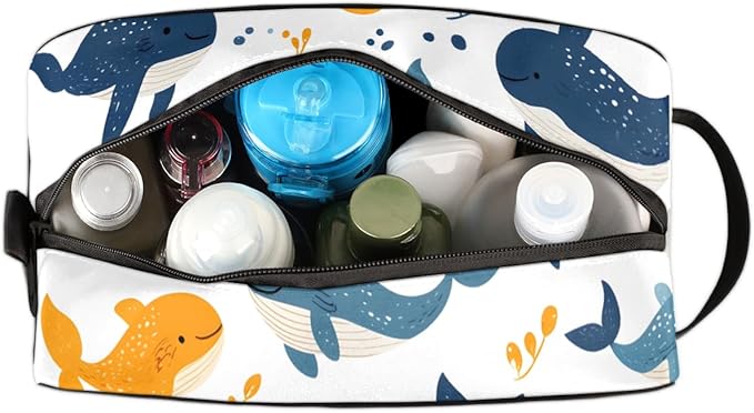 Whales And Seaweed Travel Toiletry Bag for Women, Waterproof Cosmetic Makeup Bag with PU Handle & Zipper, 2 Compartment Portable Shaving Bag for Bathroom, Gym, Business Trips