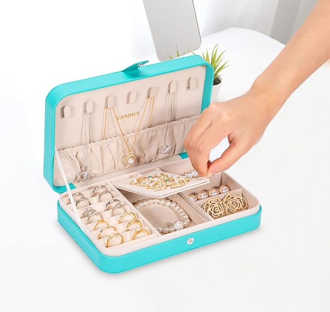 LANDICI Small Jewelry Box for Women Girls, PU Leather Travel Jewelry Organizer Case, Portable Jewellery Storage Holder Display for Ring Earrings Necklace Bracelet Bangle Watch Men Kids Gift, Lake Blue