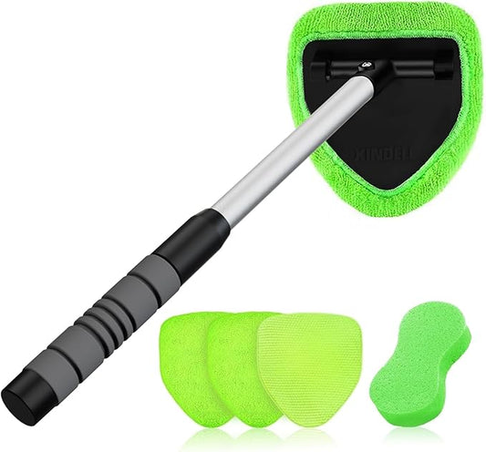 XINDELL Windshield Cleaner Tool – Car Interior Window Cleaning Kit with Extendable Handle & 4 Microfiber Pads, Auto Wiper Inside Windshield Brush for Car & Home Windows