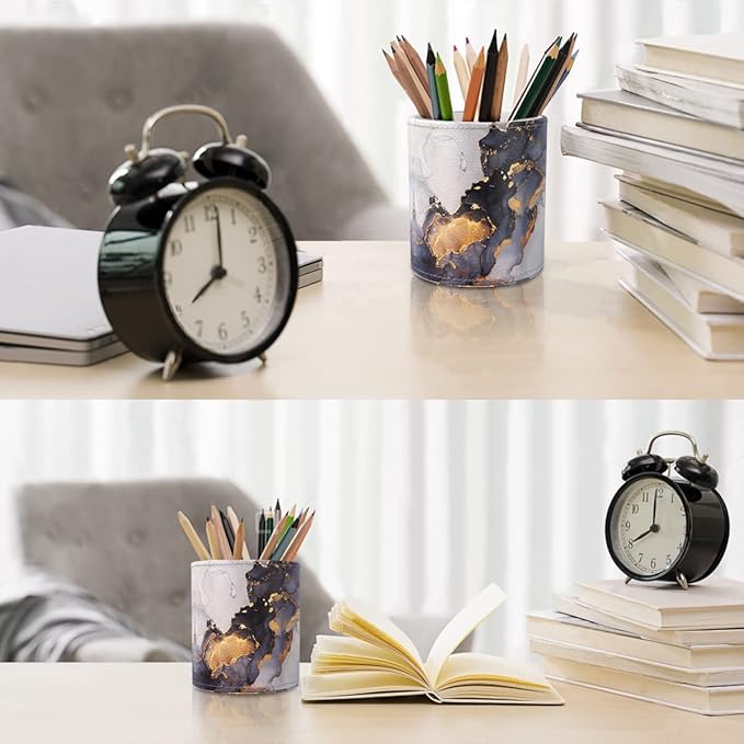 WAVEYU Marble Pen Holder for Desk, Pencil Organizer Office Decor, Makeup Brush Holder Large Pu Leather Multi-Functional Organizer Cup for Office, Classroom, Home, Gold Marble