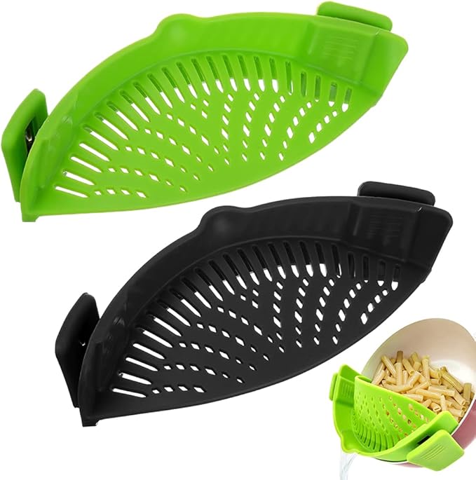 YEVIOR Clip on Strainer for Pots Pan Pasta Strainer, Silicone Food Strainer Hands-Free Pan Strainer, Clip-on Kitchen Food Strainer for Spaghetti, Pasta, Ground Beef Fits All Bowls and Pots (2P)