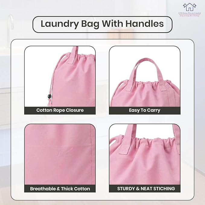 LFH Home Large Premium 1-Pack Cotton Canvas Laundry Bag with Drawstring and Handles, Heavy Duty, Multi-Use, Washable for Home, Travel, College, or Storage, 28x40-Pink
