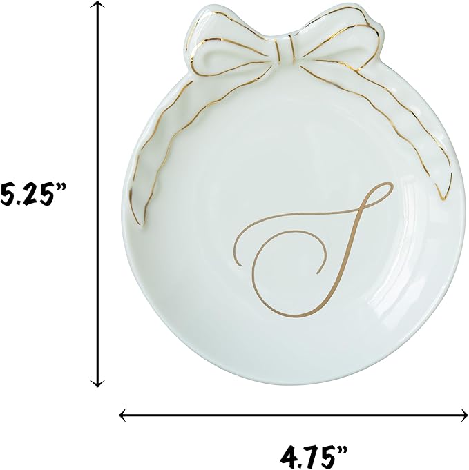 COLLECTIVE HOME - Personalized Initial Ceramic Jewelry Tray with Bow, Christmas Gift Ideas for Women, Small Gift for Girlfriend Wife, Ring Holder, Earrings Dish, Birthday Gift for Her (S)