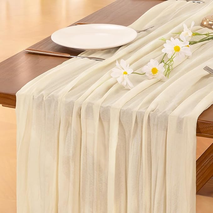 Socomi 10pcs Beige Summer Cheesecloth Table Runner Boho Rustic Gauze 120 inch 10FT Cheese Cloth Sheer Runner for Wedding Party Baby Shower Birthday Home Decor Holiday Decorations