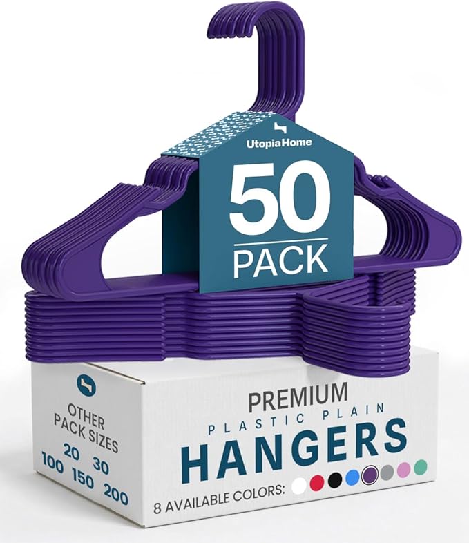 Utopia Home - Plastic Hangers 50 Pack - Space Saving Clothes Hanger - Durable and Strong Closet Organizers and Storage Makes It Ideal Stocking Stuffers or Apartment or Dorm Room Essentials (Purple)