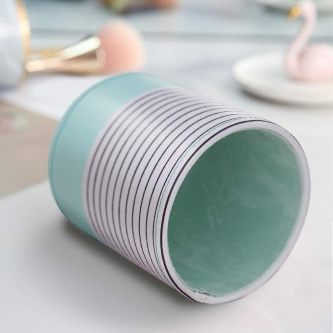 WAVEYU Pen Holder, Pencil Cup Pot Desk Organizer Multi Purpose Use Cute for Adults Kids Luxury Leather Makeup Brush Holder for Home, Office, Classroom, Stripes Mint Green