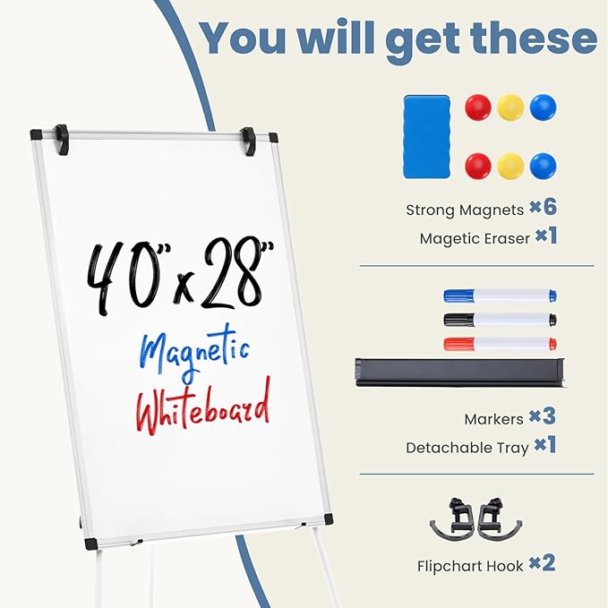 DUMOS White Board Easel 40 x 28 Inches, Magnetic White Board Dry Erase, Porbable Boards Height Adjustable, Dry Erase Board with Stand for School, Office and Home, Silver Aluminium Frame, White