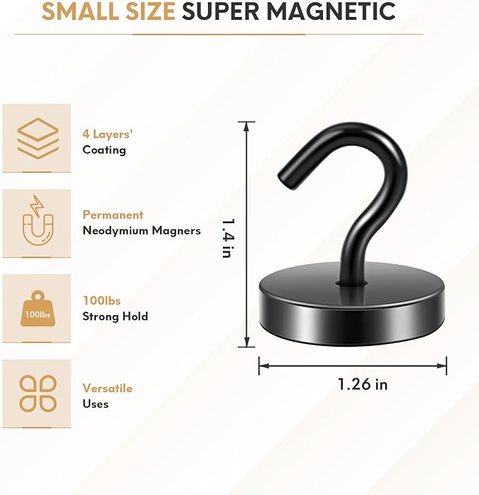 Neosmuk Magnetic Hooks, Cruise Ship Essentials, 120lb+ Heavy Duty Magnetic Hooks for Cruise Cabins, Refrigerator, Grill, Hanging, and Travel | Extra Strong Must-Haves Magnet Hook,Black