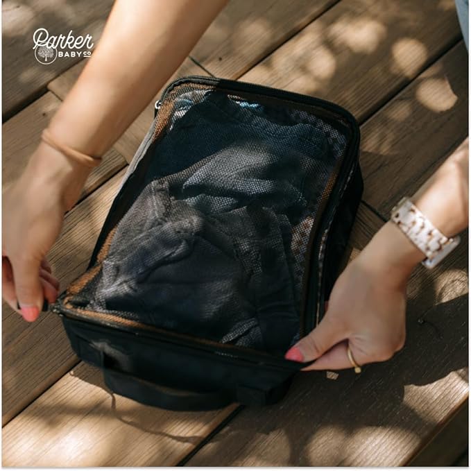 Parker Baby Co. Lightweight Packing Cube Set 3-Pack | Collapsible, Durable, Mesh & Clear Top | Travel Organizer for Diaper Bags, Luggage - Black/Mocha Checker