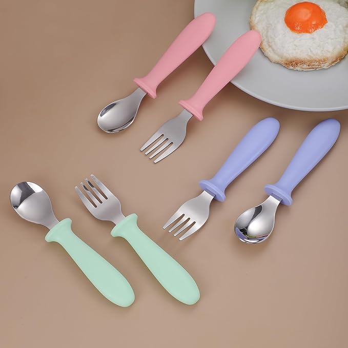 Pimoys 6 Pieces Toddler Utensils Forks and Spoons,Kids Silverware Set with Plastic Handle Stainless Steel Toddler Silverware,Dishwasher Safe