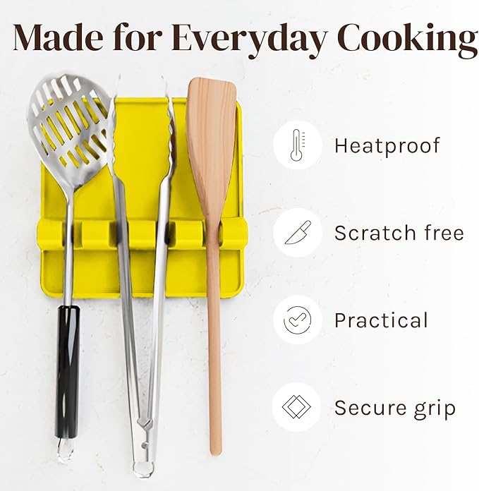Yellow Silicone Spoon Rest for Stove Top with Drip Pad (Two Pack) - Heat Resistant BPA Free Utensil Rest & Spoon Holder for Kitchen Counter - Grill Utensil Holder - Spatula Holder, Tongs, Ladle
