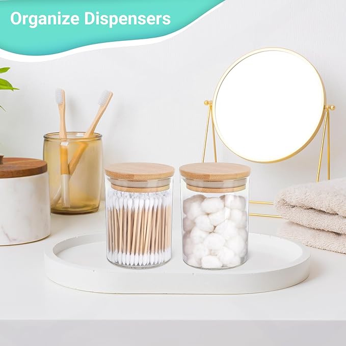 2 Pack Glass Q-tip Holder Dispenser Set - Apothecary Jars with Lids for Vanity Makeup Organizer - Bathroom Canister Storage Organizer for Cotton Balls, Swabs, Round Pads, Floss