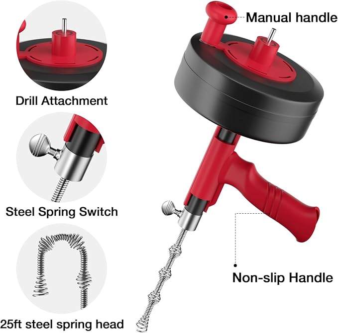 Drain Snake, Plumbing Snake With Drill Adapter, 35ft Heavy Duty Flexible Sink Steel Drain Auger Bathroom Hair Clog Removal Tool, Manual Or Powered - No auto retract or feed