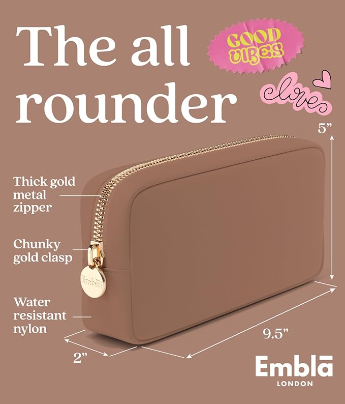 Embla Makeup Bag Travel Cosmetics Pouch and Toiletry Bag, Nylon Zipper Pouch Purse, Cute Make Up Organizer Storage Tote for Women Girls, Travel Skincare Case, Small Makeup Bags, Mocha Mousse