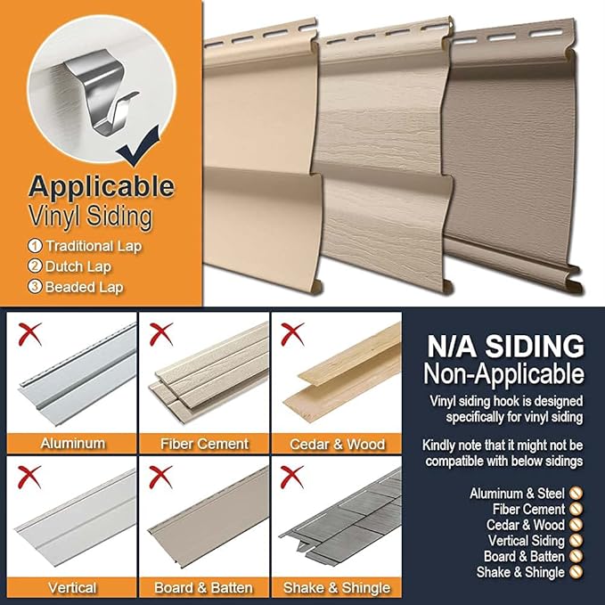 Booda Brand Vinyl Siding Hooks (50 Pack), Heavy Duty Stainless Steel Vinyl Siding Hangers, Low Profile No Hole Siding Clips for Hanging Outdoor Lights Wreath Christmas Decorations