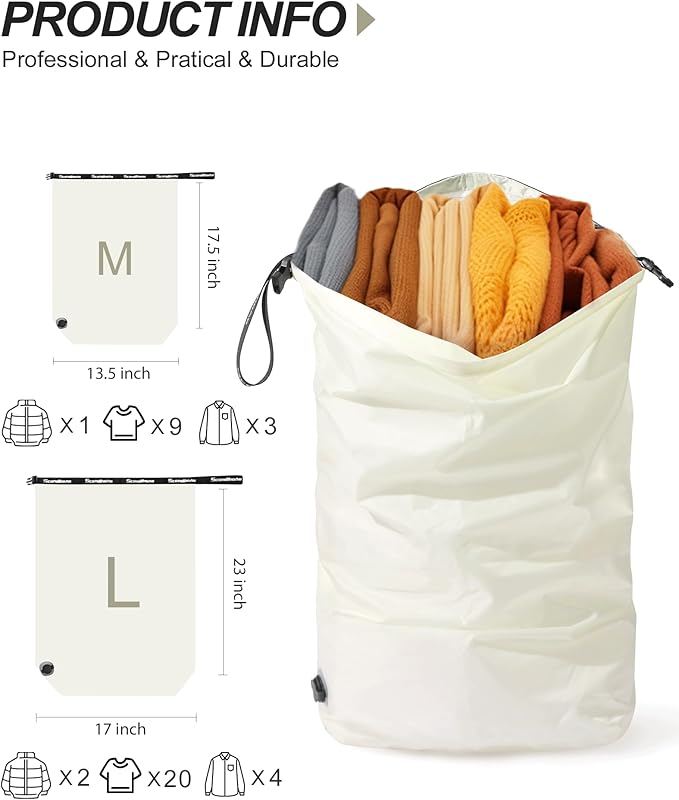 Travel Laundry Bag, Pump-free Vacuum Compression Dirty Clothes Bag, Medium Reusable Waterproof & Washable Laundry Bag, Wet and Dry Bag, Ideal for Suitcases, Laundromats (1 Pcs) White