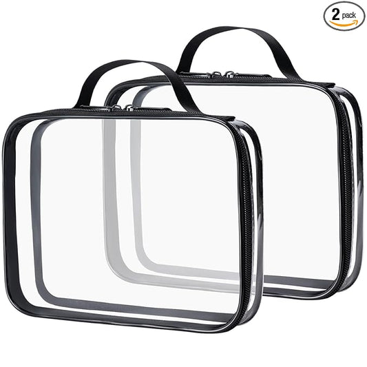 MODENGKONGJIAN TSA Approved Clear Toiletry Bag, 2 Pack Clear Quart Size Travel Makeup Cosmetic Bags with Handle Large Opening, Carry on Airport Airline Compliant Bag for Women Men (Black)