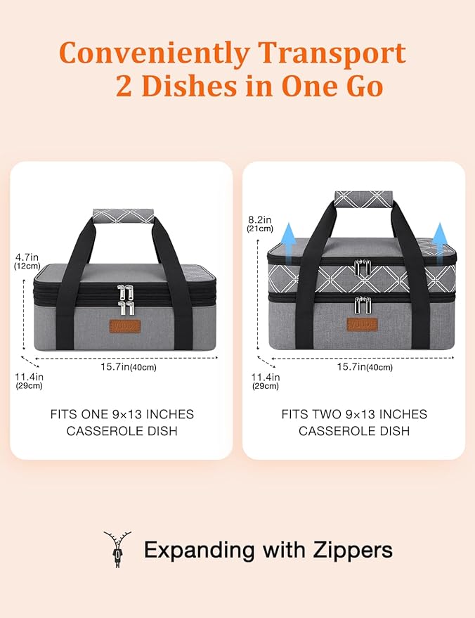 Vuudh Expandable Casserole Carrier Bag, Double Deckered Insulated Food Bag for 2 Dishes, Hot Cold Lasagna Holder Tote for Picnic, Potluck, Travel