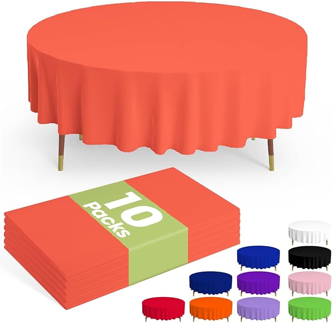 Pureegg Plastic Table Cloth Disposable 10 Pack, 84'' Round Table Cloths, Halloween Party, Thanksgiving Decorations, Harvest, Fall Tablecloths, Round Tables, Leakproof & Sturdy, Orange