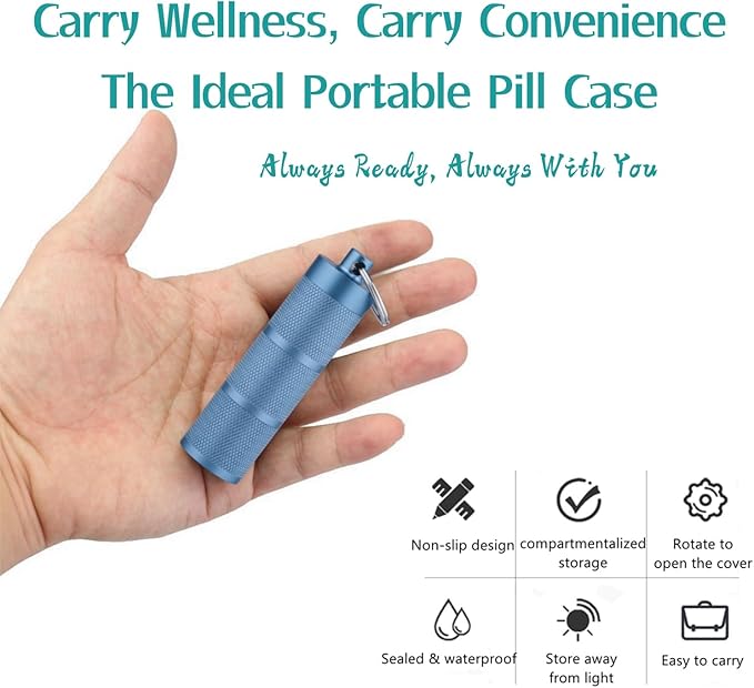 Waterproof Keychain Pill Holder - Compact, Portable, and Secure Pill Box with 3 Compartments - Pocket-Sized Pill Case and Container for Daily Medication on The Go, Blue