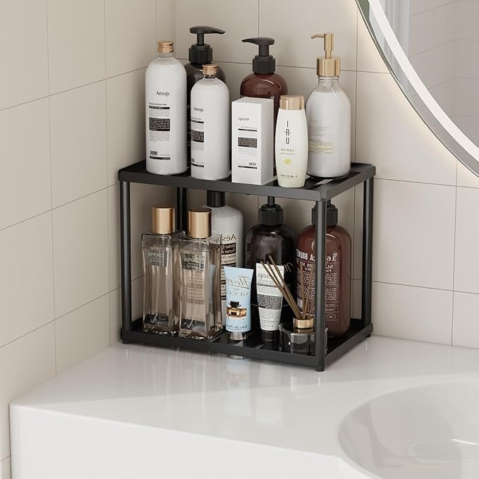 2 Tier Bathroom Counter Organizer, Rectangular Vanity Organizer Shelf, Skincare and Makeup Countertop Storage Rack for Kitchen, Bathroom, Bedroom, Black (Standard Version)