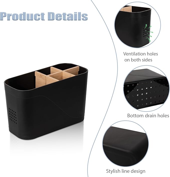 Toothbrush Holders for Bathrooms, Electric Tooth Brush Holder with Bamboo Dividers Kids Toothbrush and Toothpaste Organizer for Bathroom Countertop Accessories Storage, 5 Slots, Black